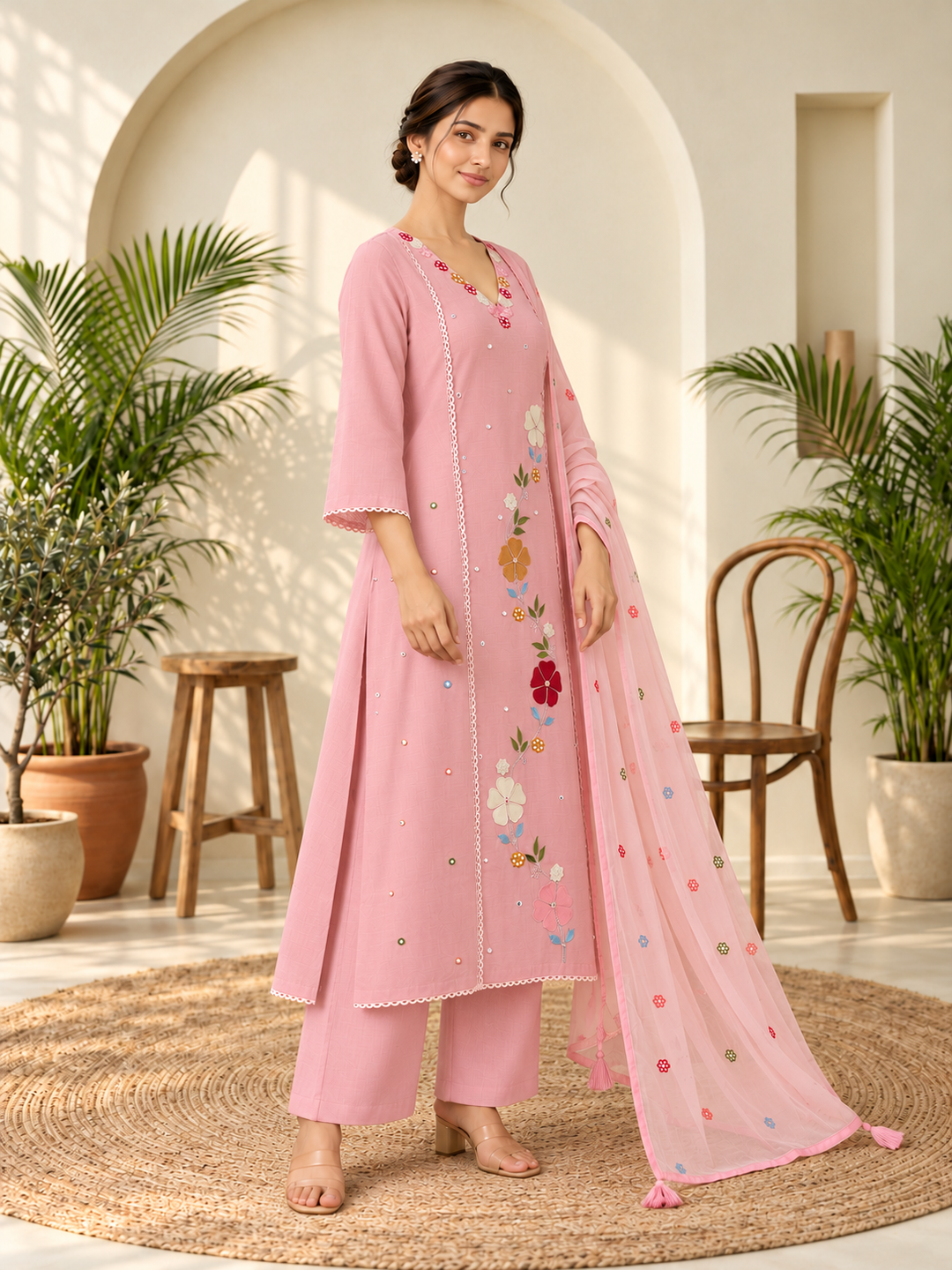 Pink Floral Embroidered Mul Chanderi Straight Kurta Trouser Set with Dupatta