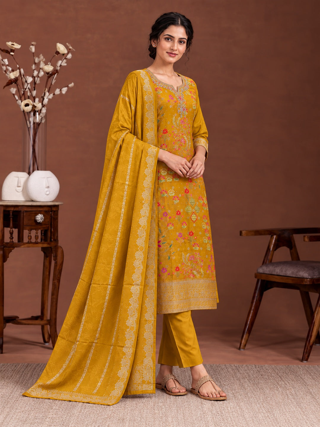 Mustard Floral Silk Blend Suit Set with Dupatta