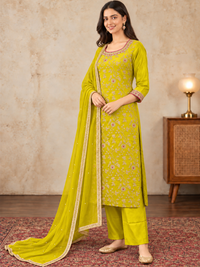 Lime Yellow Floral Embroidered Silk Blend Kurta Set with Dupatta