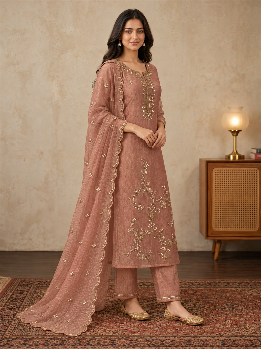 Dusty Rose Floral Embroidered Poly Silk Suit Set