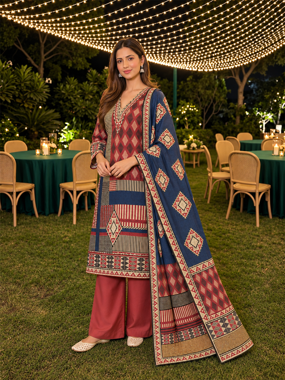 Red & Navy Blue Geometric Printed Silk Blend Straight Kurta Trouser Set with Dupatta