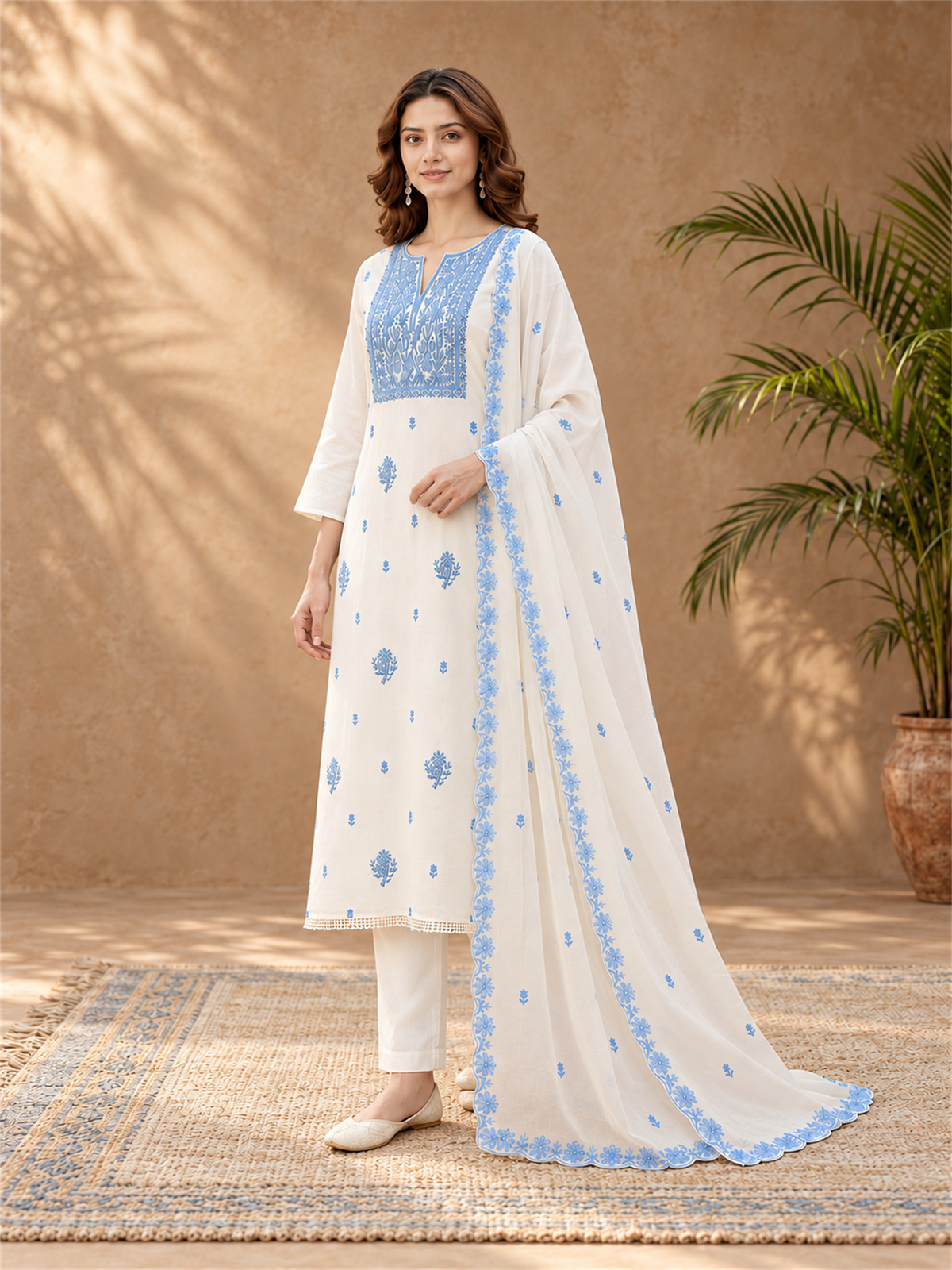 Ivory White & Sky Blue Embroidered Mul Chanderi Kurta Set with Dupatta