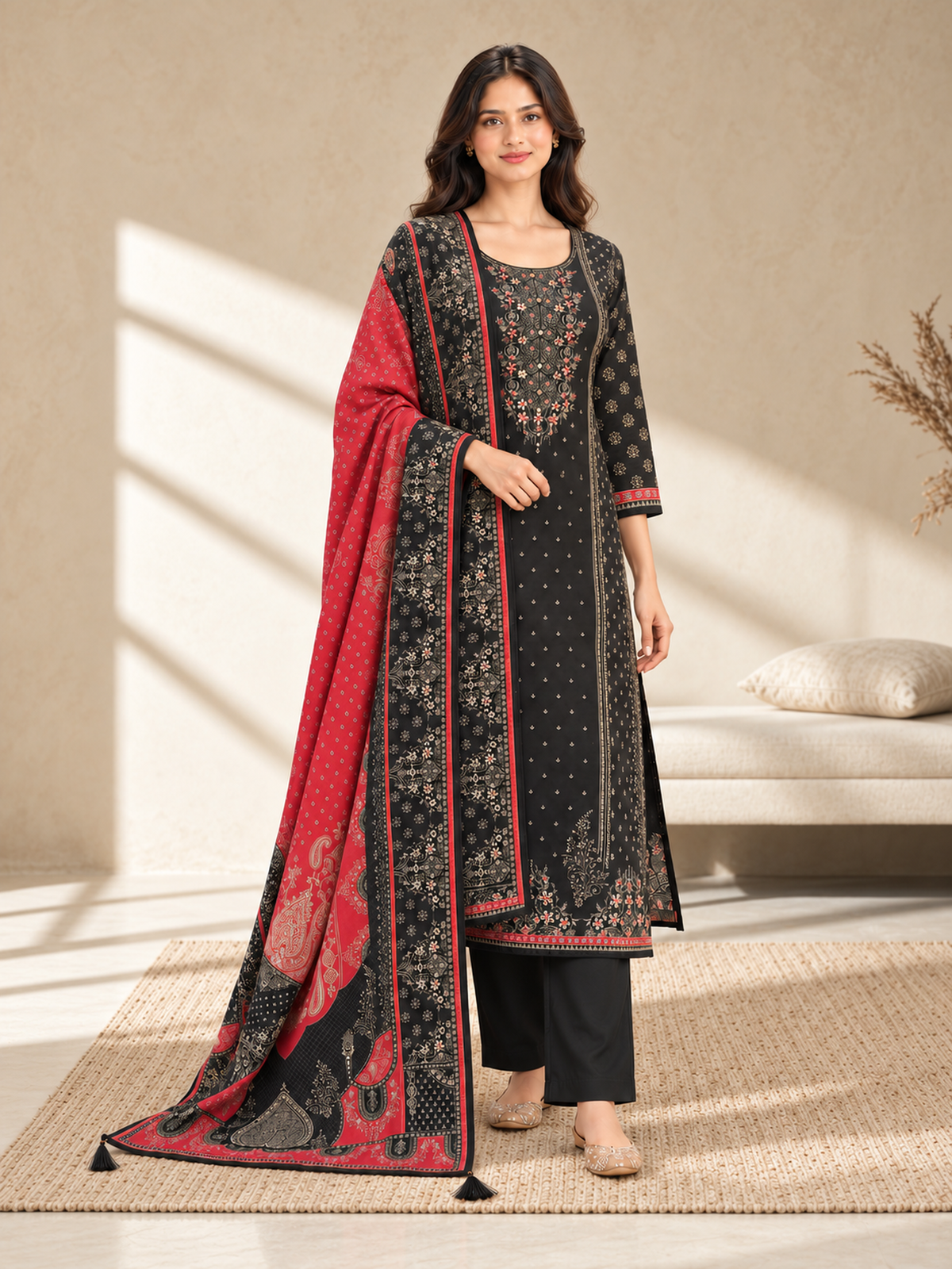 Black Silk Blend Printed Kurta Pant Set with Red Dupatta