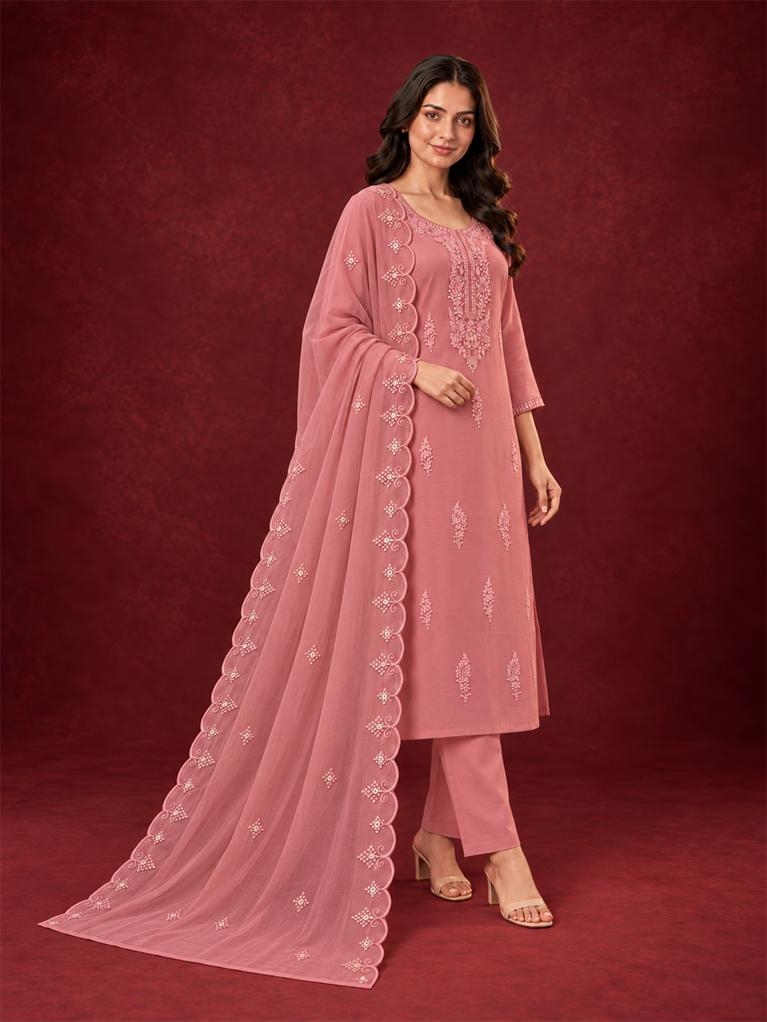 Dusty Rose Embroidered Silk Blend Suit Set with Scalloped Dupatta