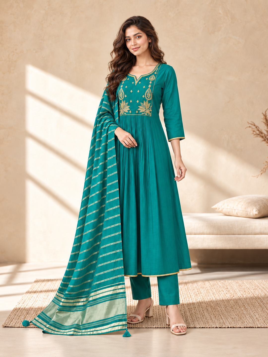 Teal Chanderi Silk Embroidered Anarkali Suit with Striped Dupatta