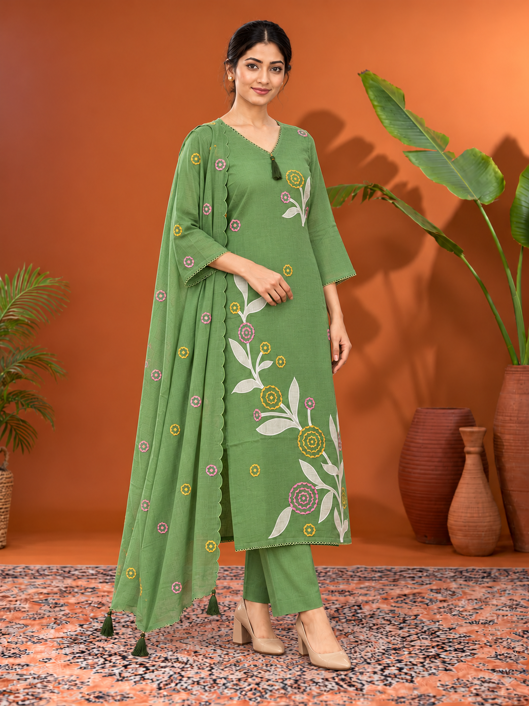 Sage Green Floral Embroidered Mul Chanderi Kurta Set with Dupatta