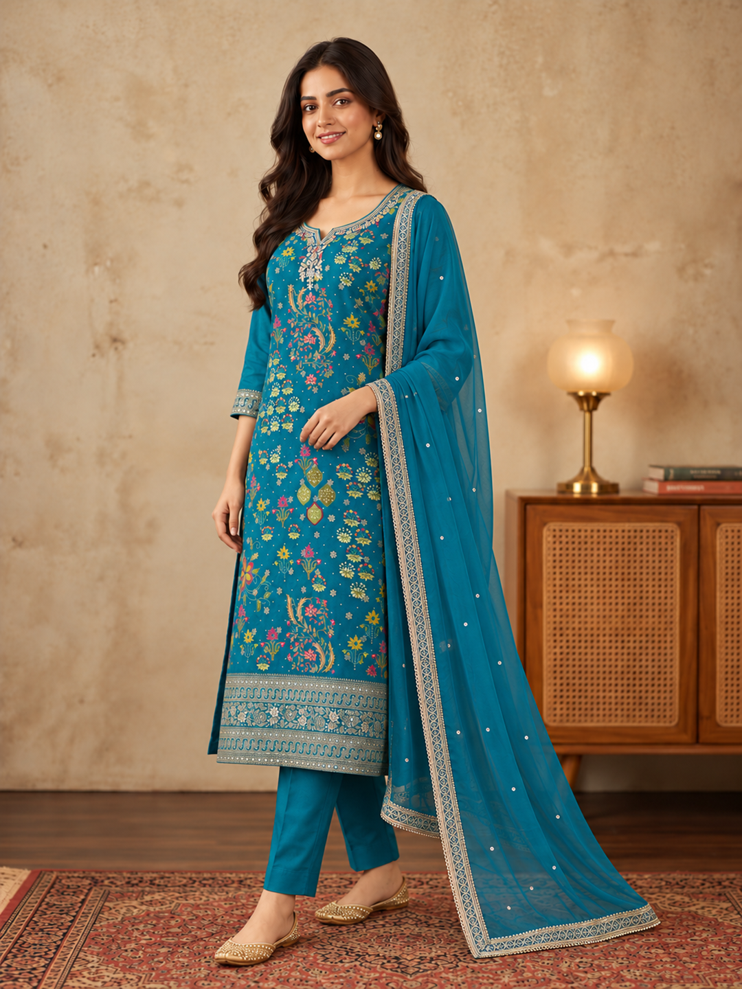 Teal Blue Embroidered Silk Blend Kurta Set with Dupatta