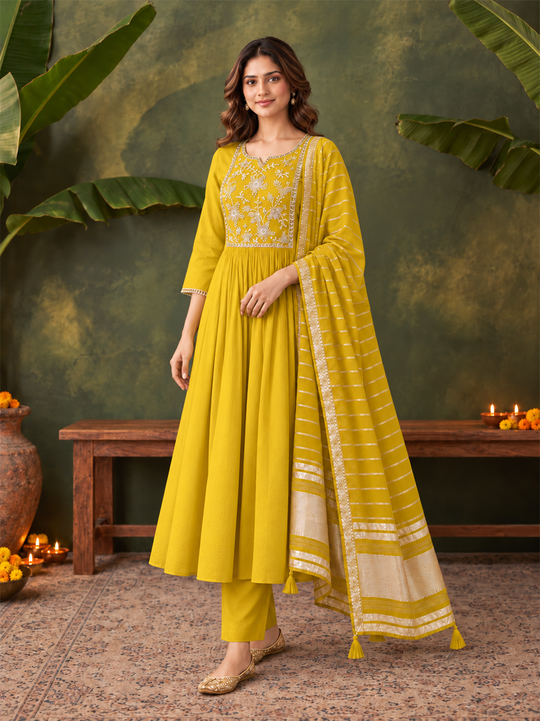 Mustard Chanderi Silk Anarkali Suit Set with Embroidered Dupatta