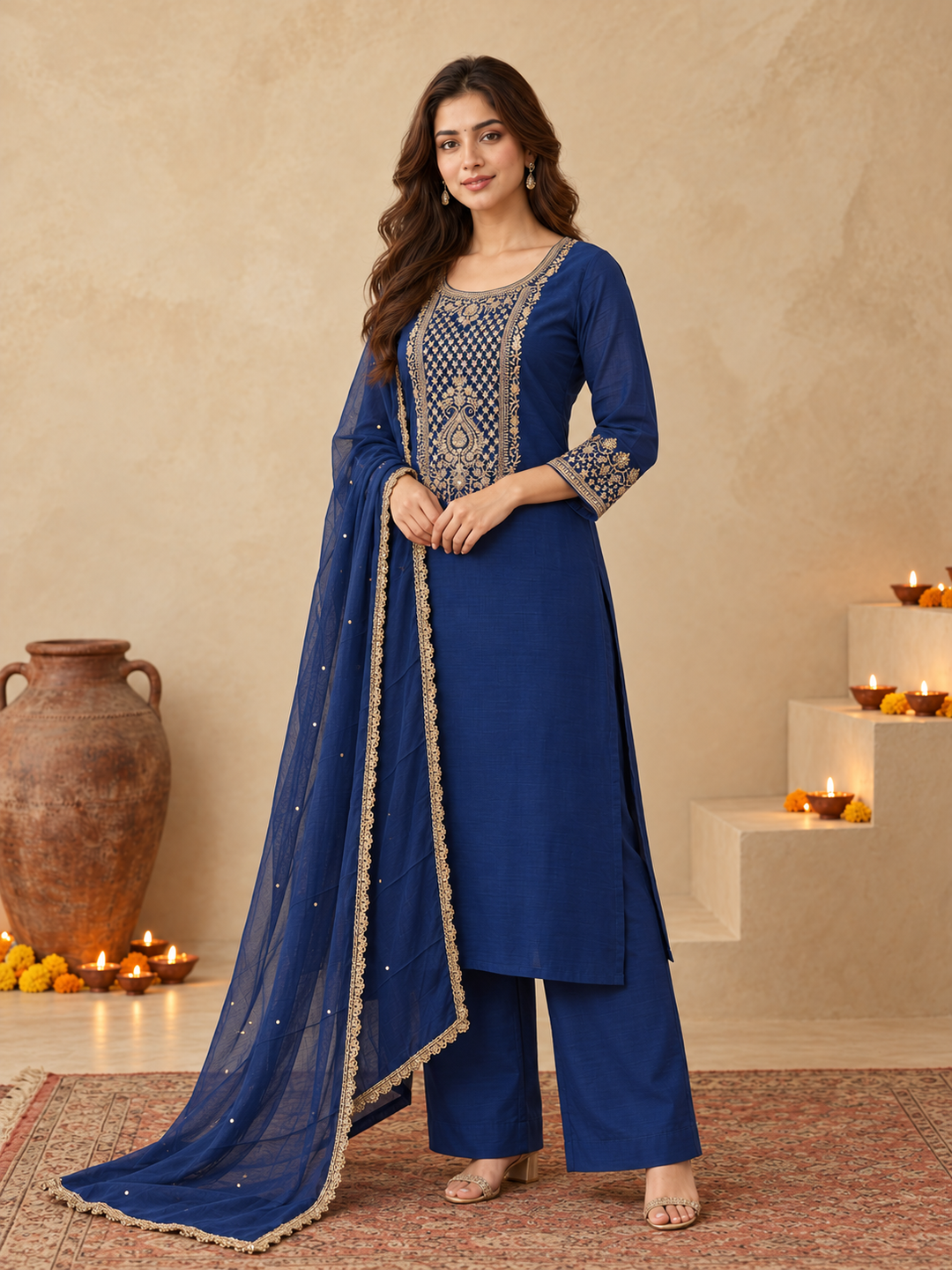 Royal Blue Silk Blend Golden Embroidered Kurta Trouser Set with Dupatta & Inner