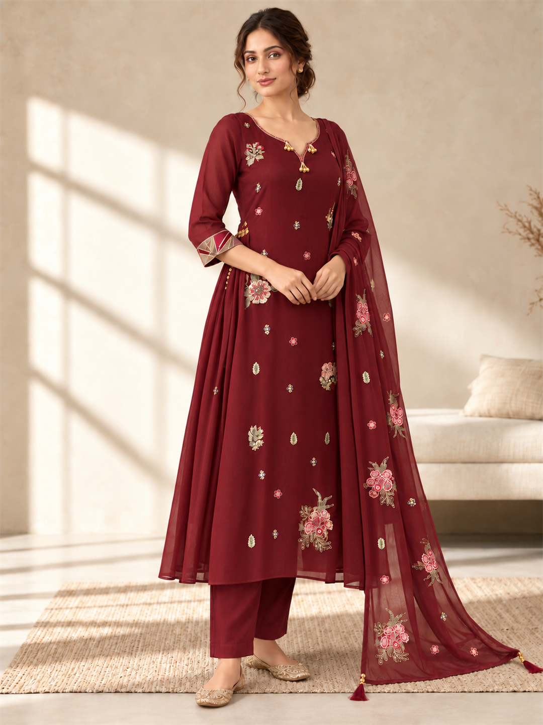 Maroon Floral Embroidered Viscose Rayon Suit Set