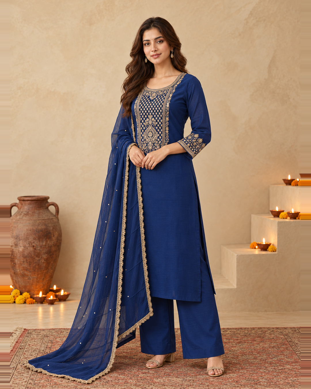 Royal Blue Silk Blend Golden Embroidered Kurta Trouser Set with Dupatta & Inner