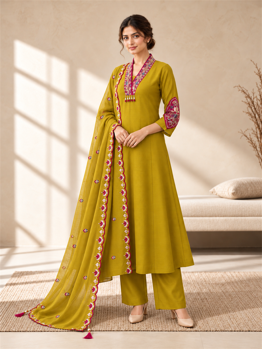 Mustard Chanderi Silk Embroidered Anarkali Suit Set with Dupatta