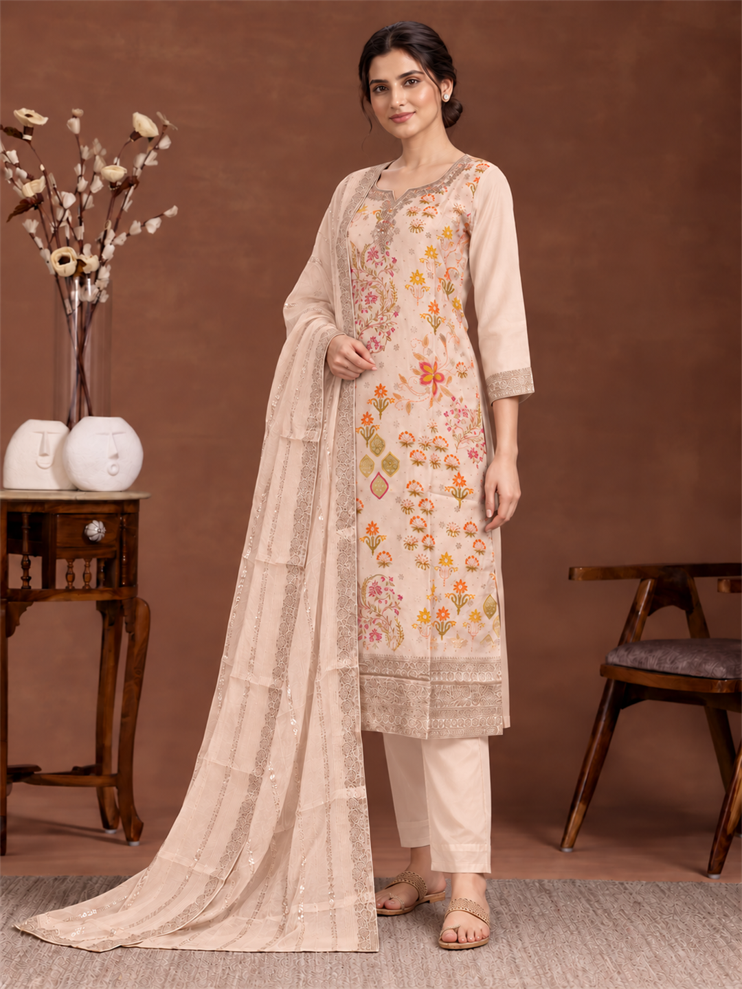 Peach Beige Floral Silk Blend Suit Set with Dupatta