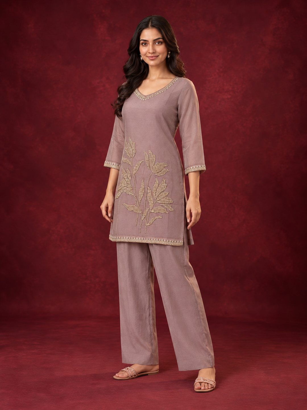 Dusty Mauve Mul Chanderi Floral Embroidered Straight Kurta Set