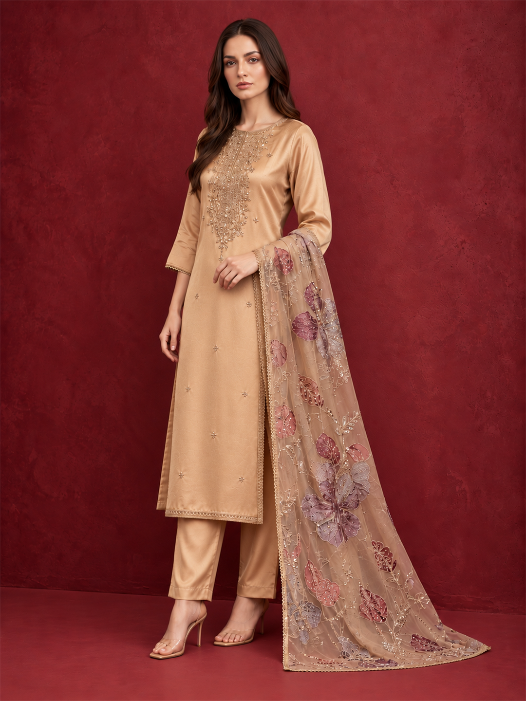 Champagne Gold Embroidered Pure Silk Suit Set