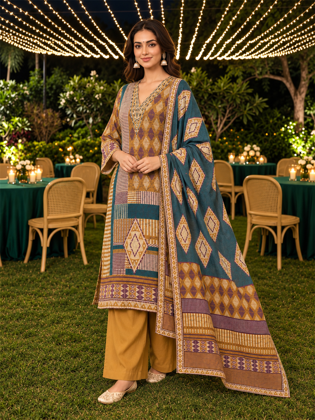 Mustard & Teal Green Geometric Printed Silk Blend Straight Kurta Trouser Set with Dupatta