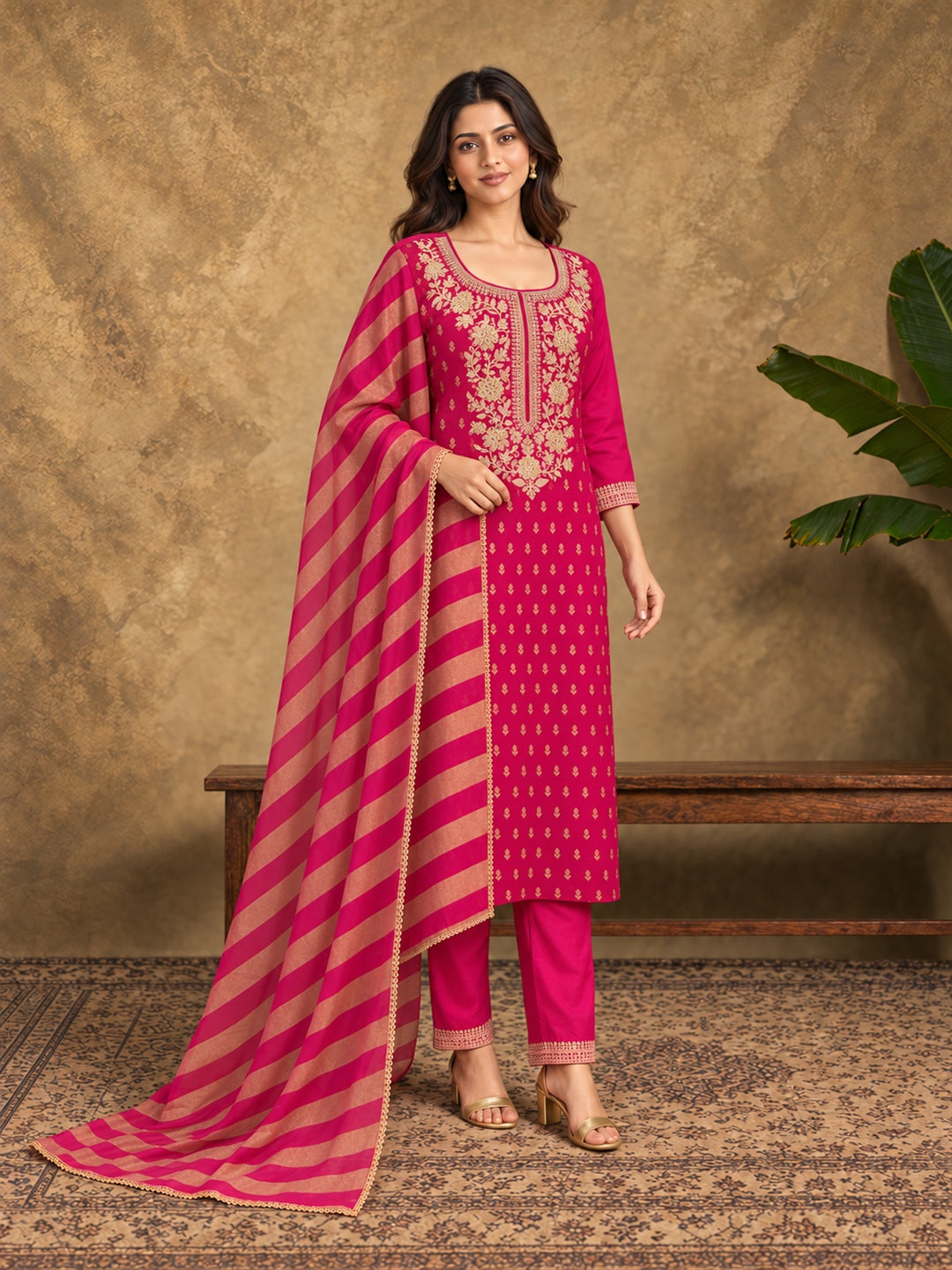 Pink Jacquard Kurta Set with Striped Dupatta