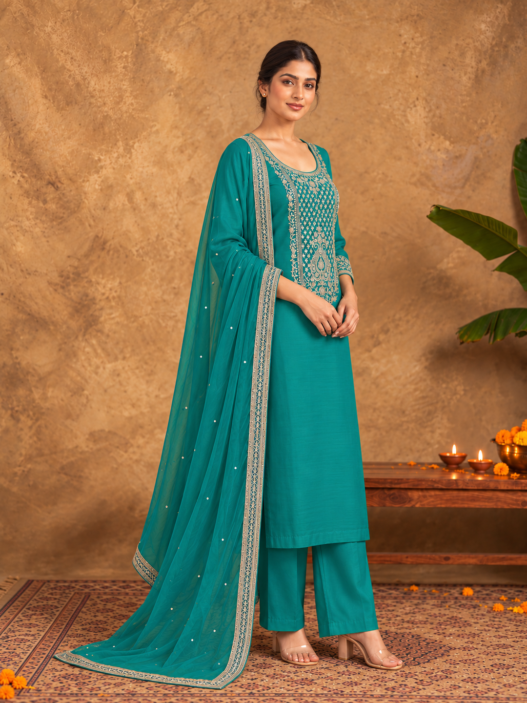 Teal Blue Embroidered Silk Blend Straight Suit Set