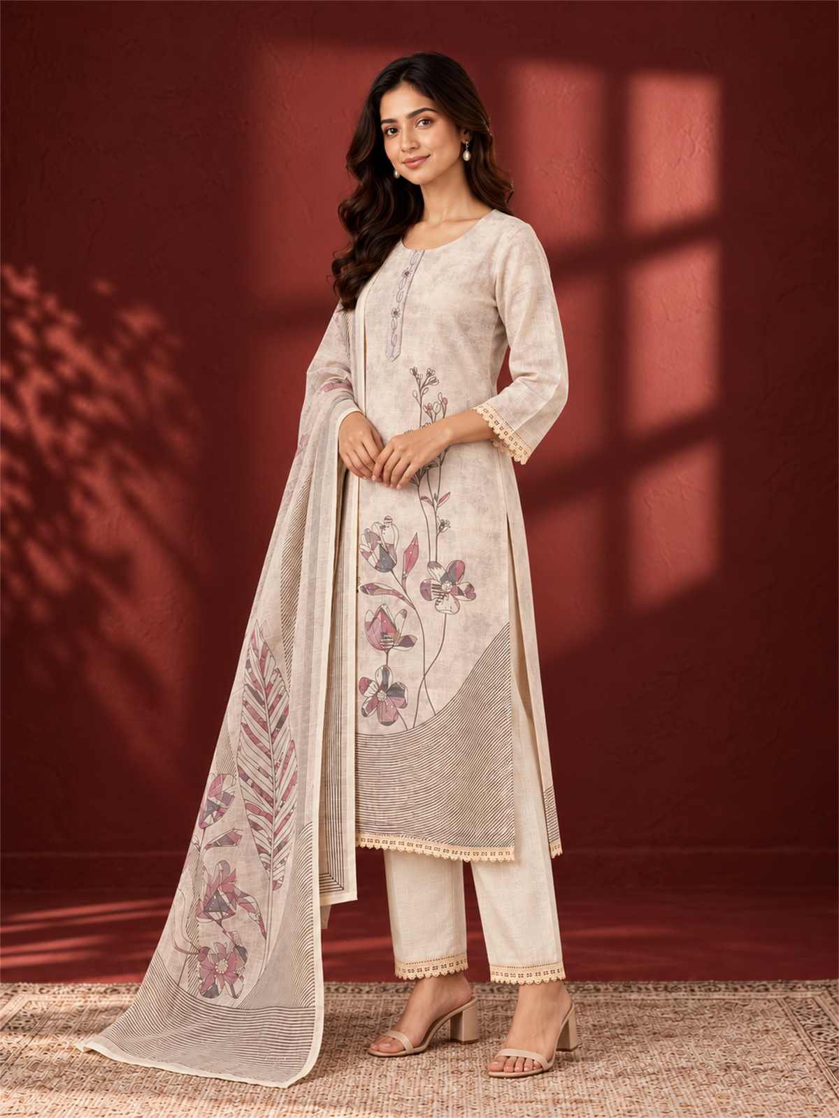 Ivory Cream Floral Printed Mul Chanderi Kurta Set with Dupatta