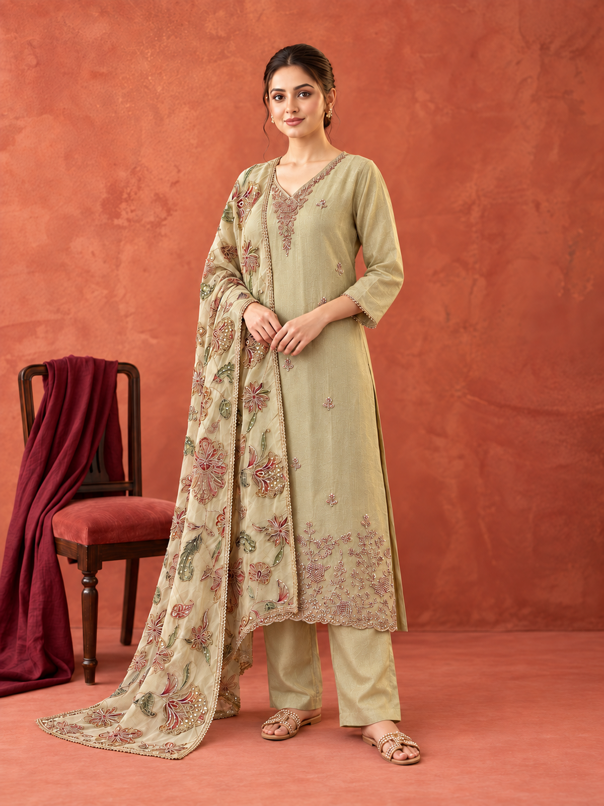 Light Olive Gold Embroidered Pure Silk Suit Set