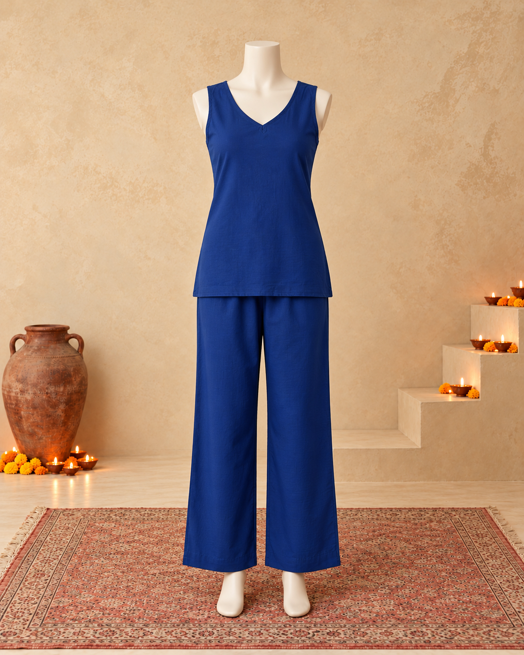 Royal Blue Silk Blend Golden Embroidered Kurta Trouser Set with Dupatta & Inner