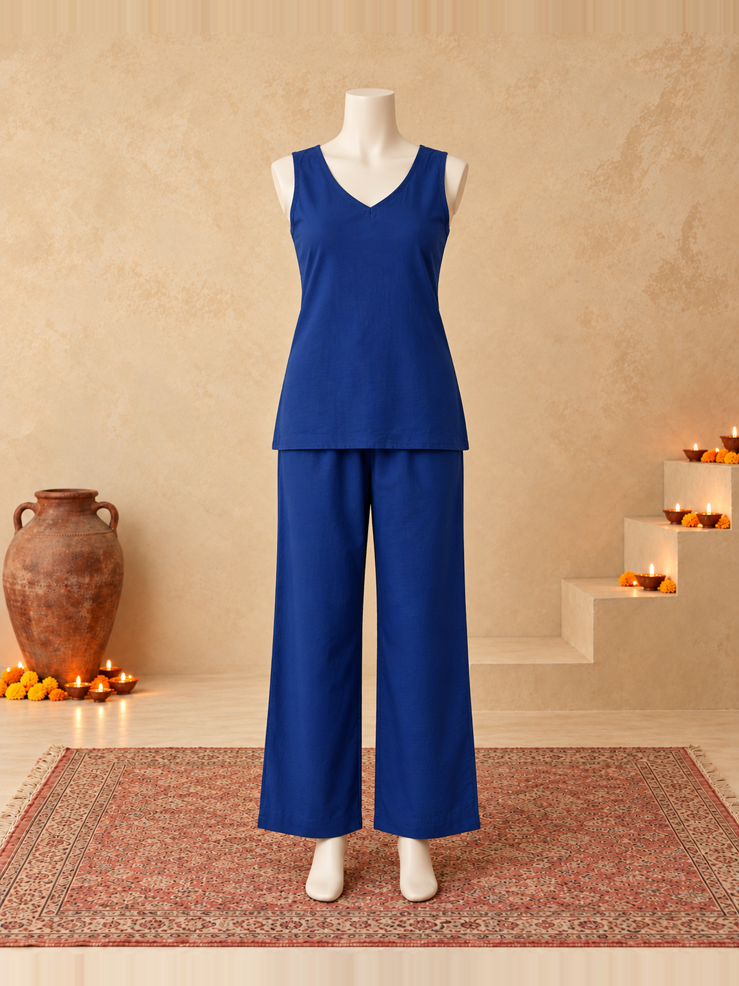 Royal Blue Silk Blend Golden Embroidered Kurta Trouser Set with Dupatta & Inner
