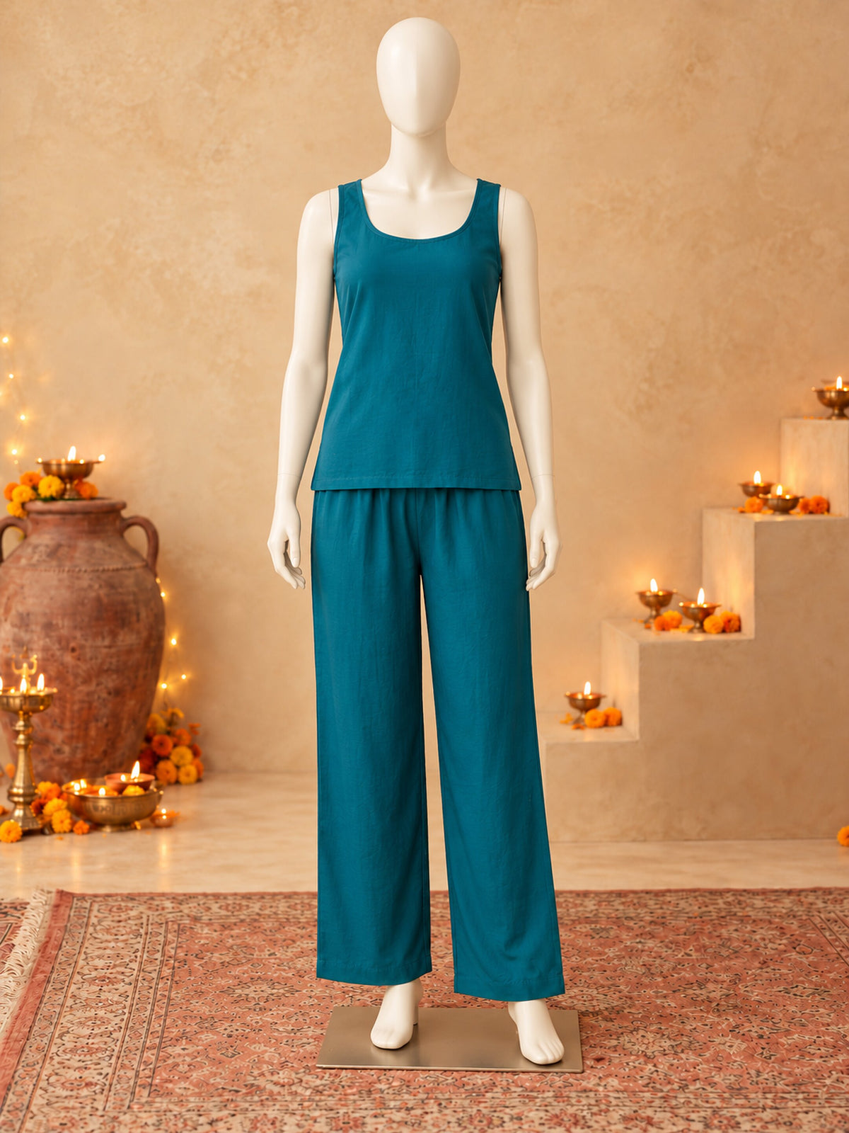 Teal Blue Silk Blend Floral Embroidered Kurta Trouser Set with Dupatta & Inner