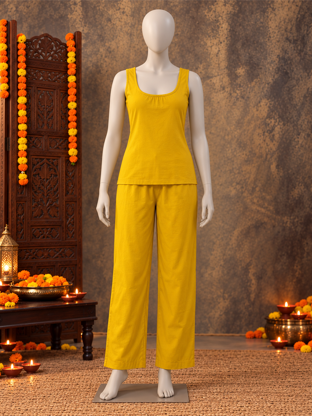 Mustard Silk Blend Floral Embroidered Kurta Trouser Set with Dupatta & Inner