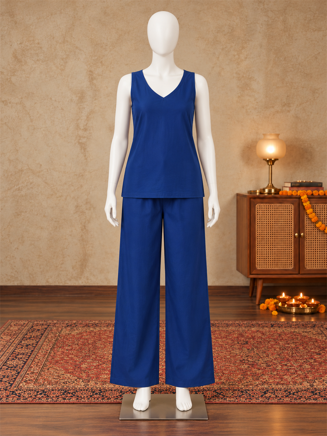 Royal Blue Silk Blend Floral Embroidered Kurta Trouser Set with Dupatta & Inner