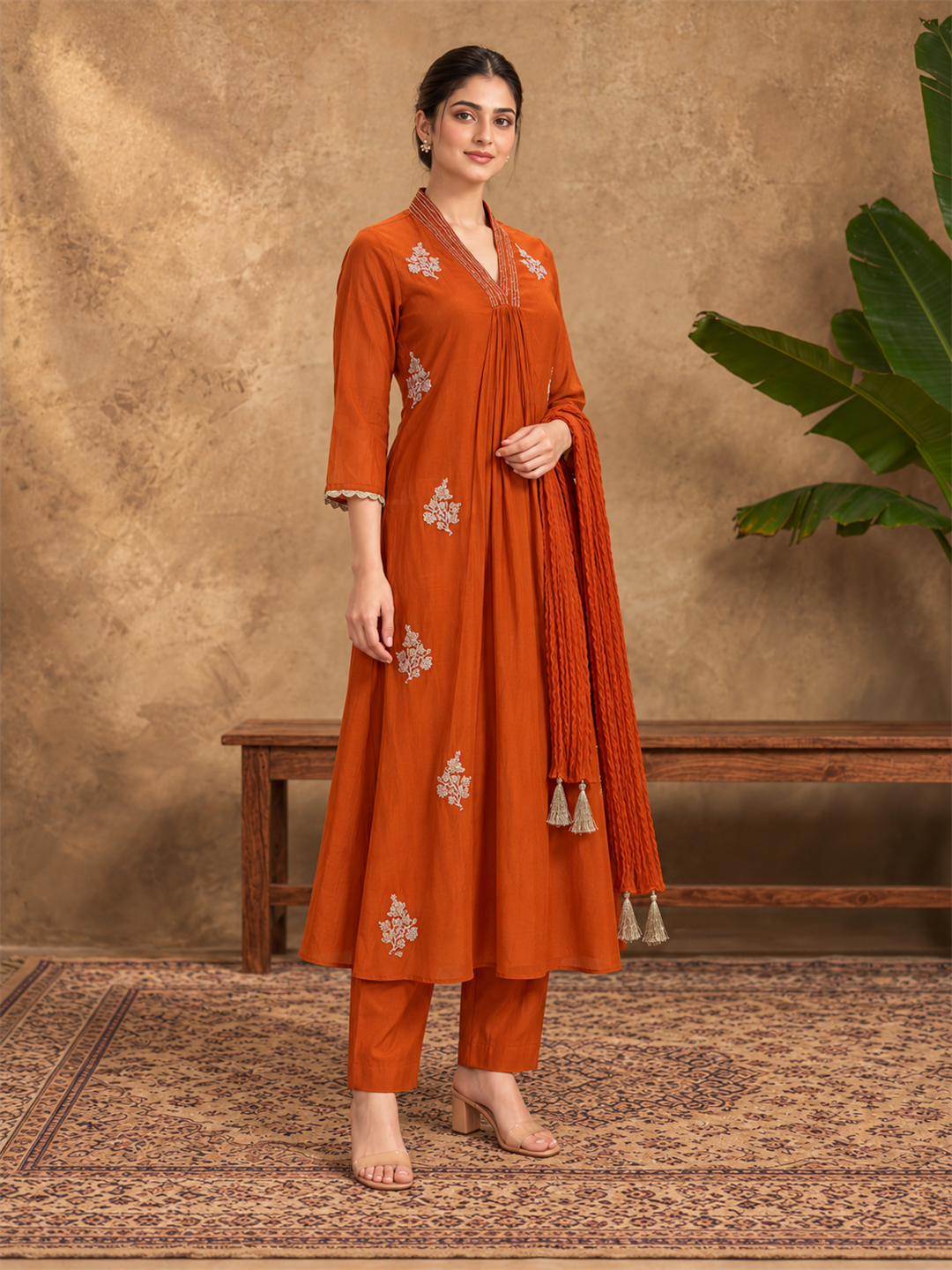 Rust Orange Mul Chanderi Embroidered Kurta Pant Set with Dupatta