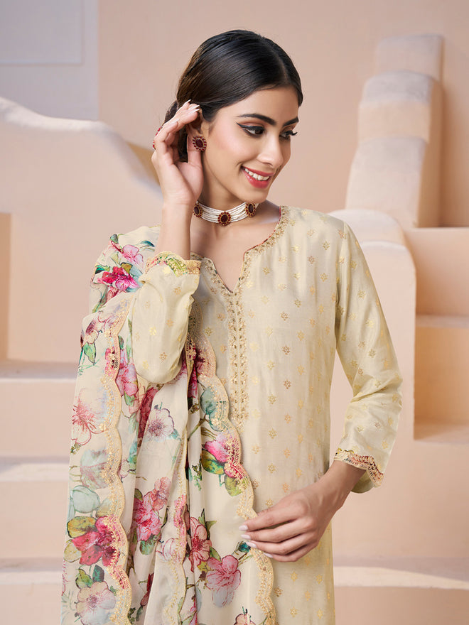 Cream Applique Jacquard Kurta Set with Floral Print Dupatta
