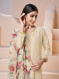 Cream Applique Jacquard Kurta Set with Floral Print Dupatta