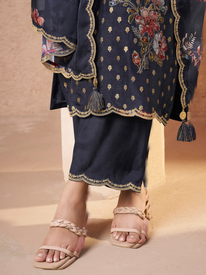 Dark Blue Black Applique Jacquard Kurta with Floral Print Dupatta Product vendor