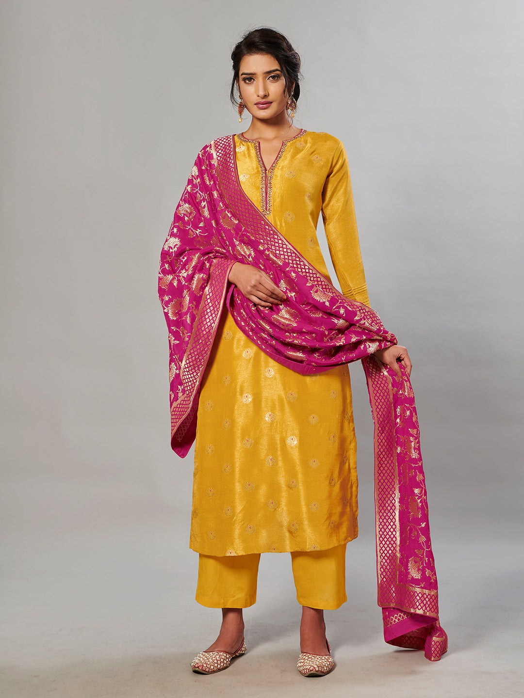 Mustard Zari Jacquard Contrast Dupatta Kurta Suit Set Product vendor