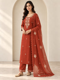 Brown Embroidered Kurta Pant Set with Dupatta