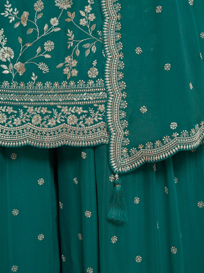 Turqouise Floral Pattern, Thread & Sequins Embroidered Sharara Suit Set Product vendor