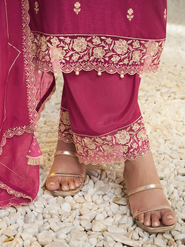 Floral + Geometric thread work & Hanging Pearl on Daman Kurta With Straight Pant & Dupatta Product vendor