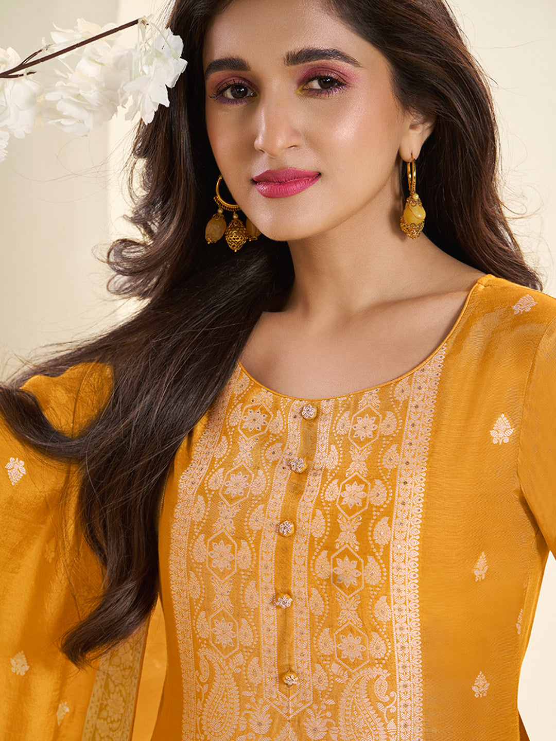 Muslin Jacquard Kurta Suit Set with White Thread Weave with Handcrafted Buttons Product vendor
