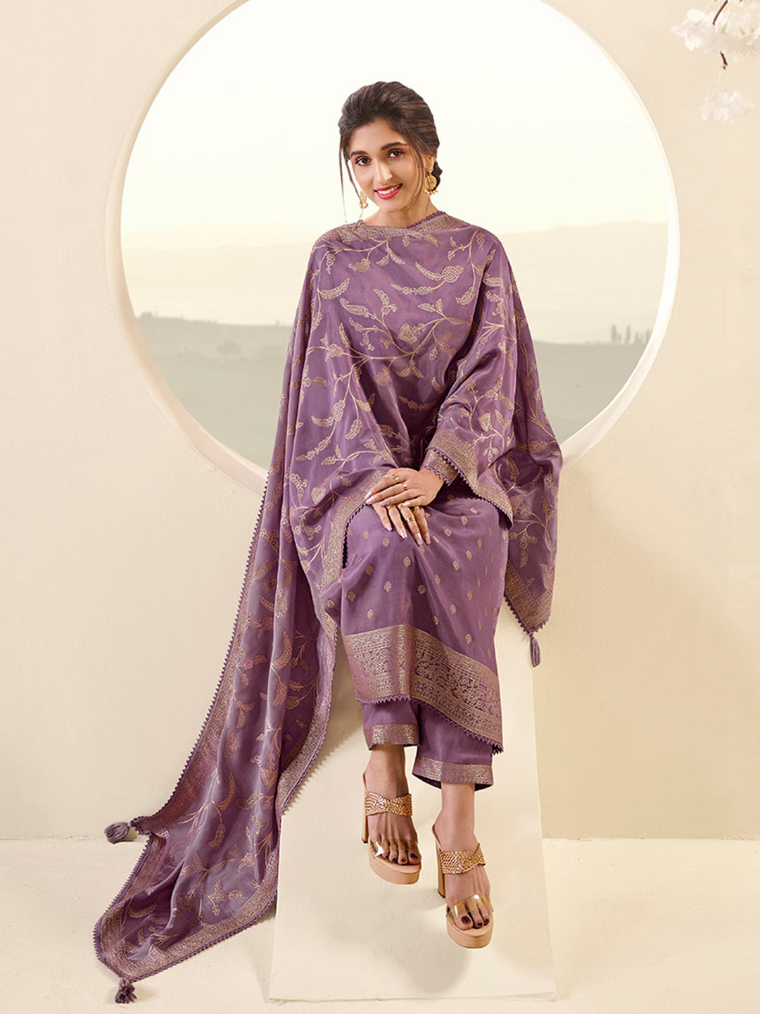 Wisteris Purple Muslin Jacquard Kurta Suit Set with Champagne Thread Weave & Pencil Sketch Weave Yoke Product vendor