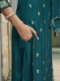 Dark Teal Green Placement-Weave Dola Silk Kurta Suit Set