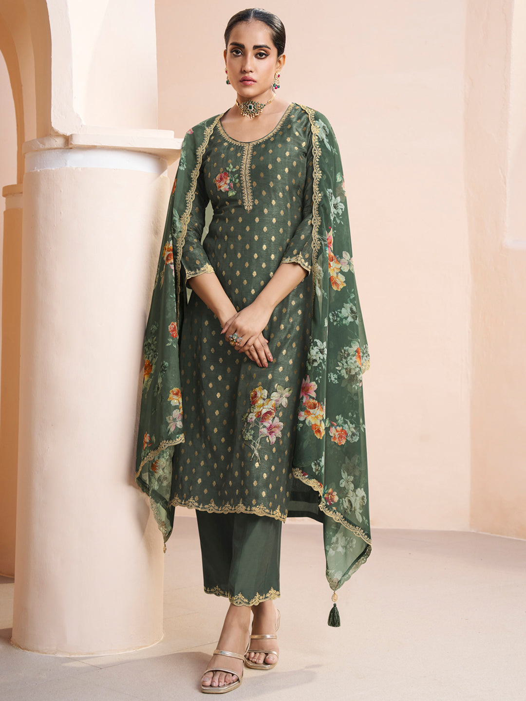 Dark Olive Green Applique Jacquard Kurta with Floral Print Dupatta Product vendor