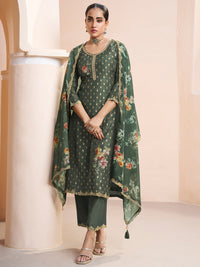 Dark Olive Green Applique Jacquard Kurta with Floral Print Dupatta Product vendor