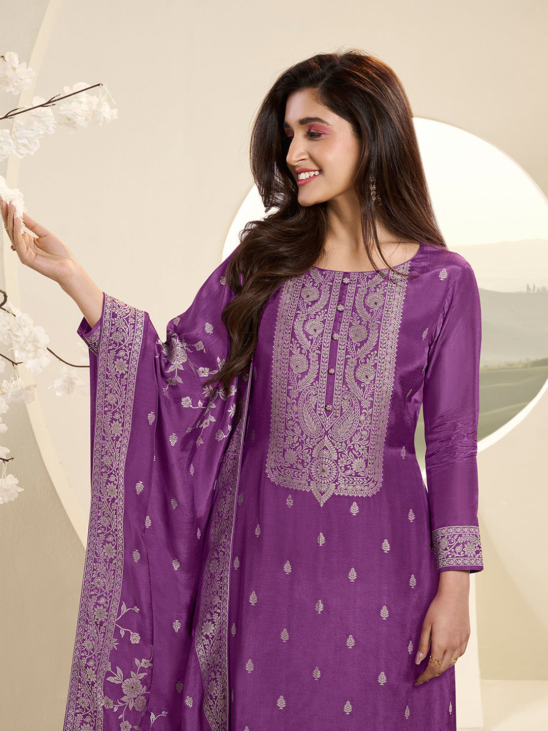 Muslin Jacquard Kurta Suit Set with White Thread Weave with Handcrafted Buttons Product vendor