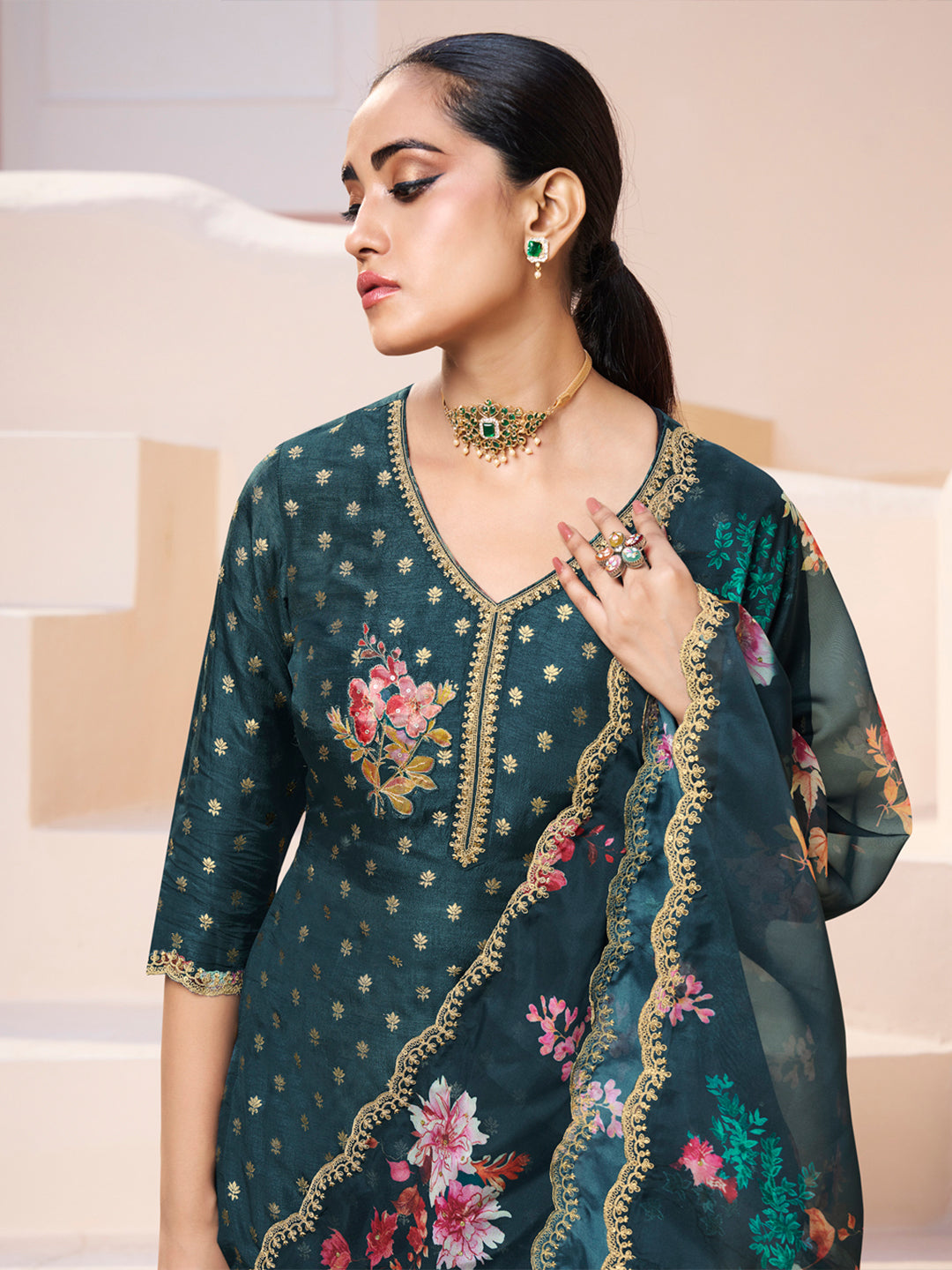 Dark Teal Green Applique Jacquard Kurta Set with Floral Print Dupatta