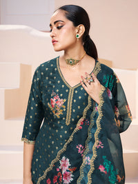 Dark Teal Green Applique Jacquard Kurta Set with Floral Print Dupatta