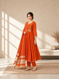 Orange Chanderi Silk Embroidered Anarkali Suit with Striped Dupatta