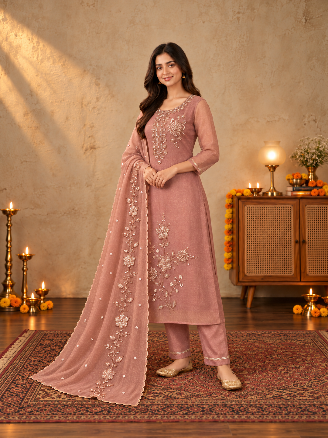 Dusty Rose Poly Silk Embroidered Kurta Palazzo Set with Dupatta