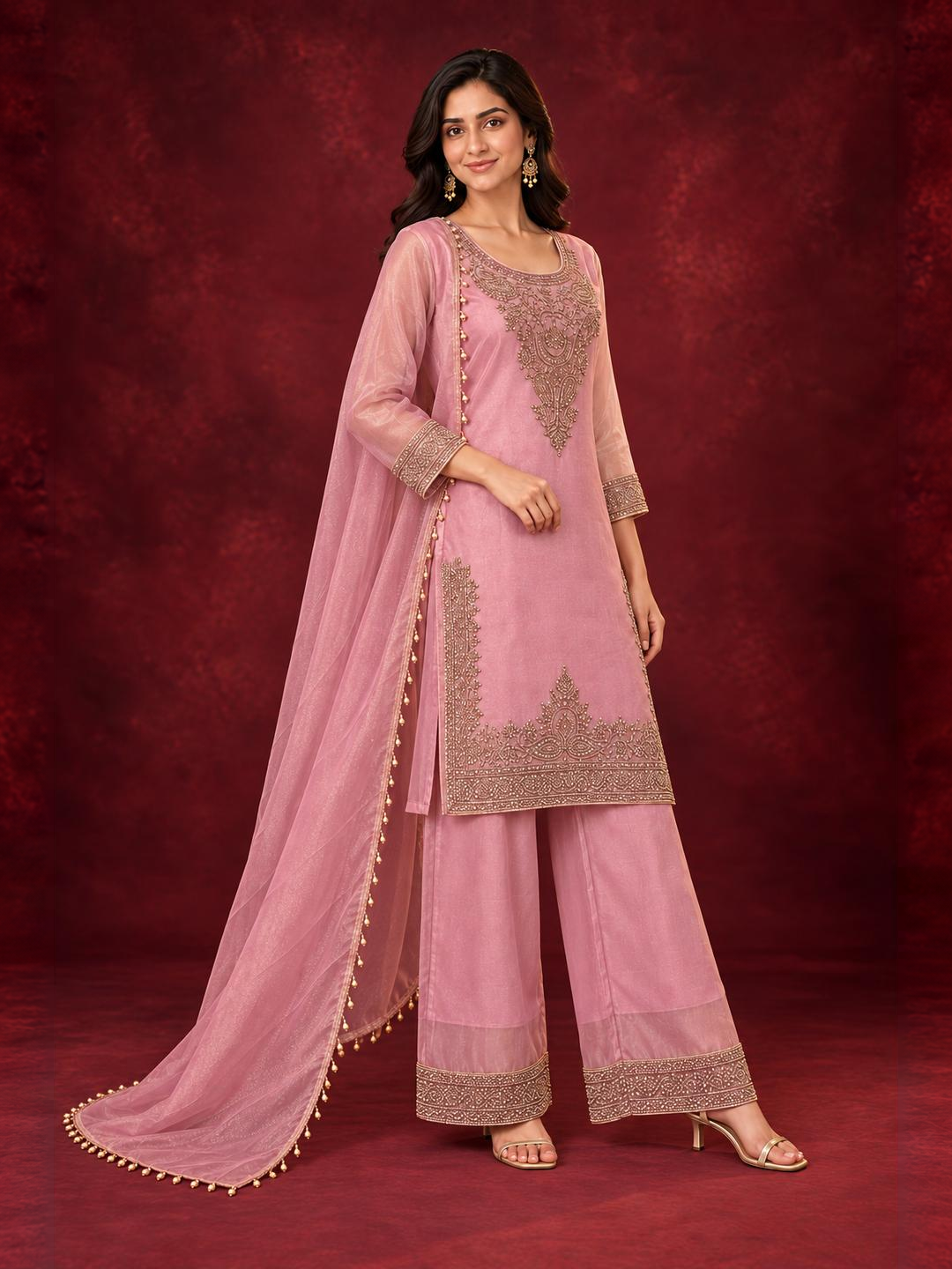 Dusty Pink Embroidered Pure Silk Palazzo Suit Set