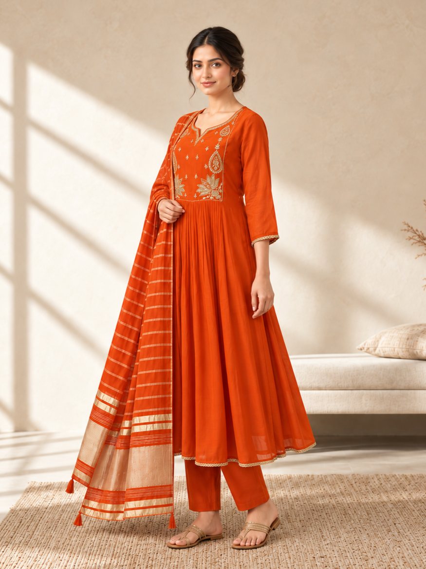 Orange Chanderi Silk Embroidered Anarkali Suit with Striped Dupatta