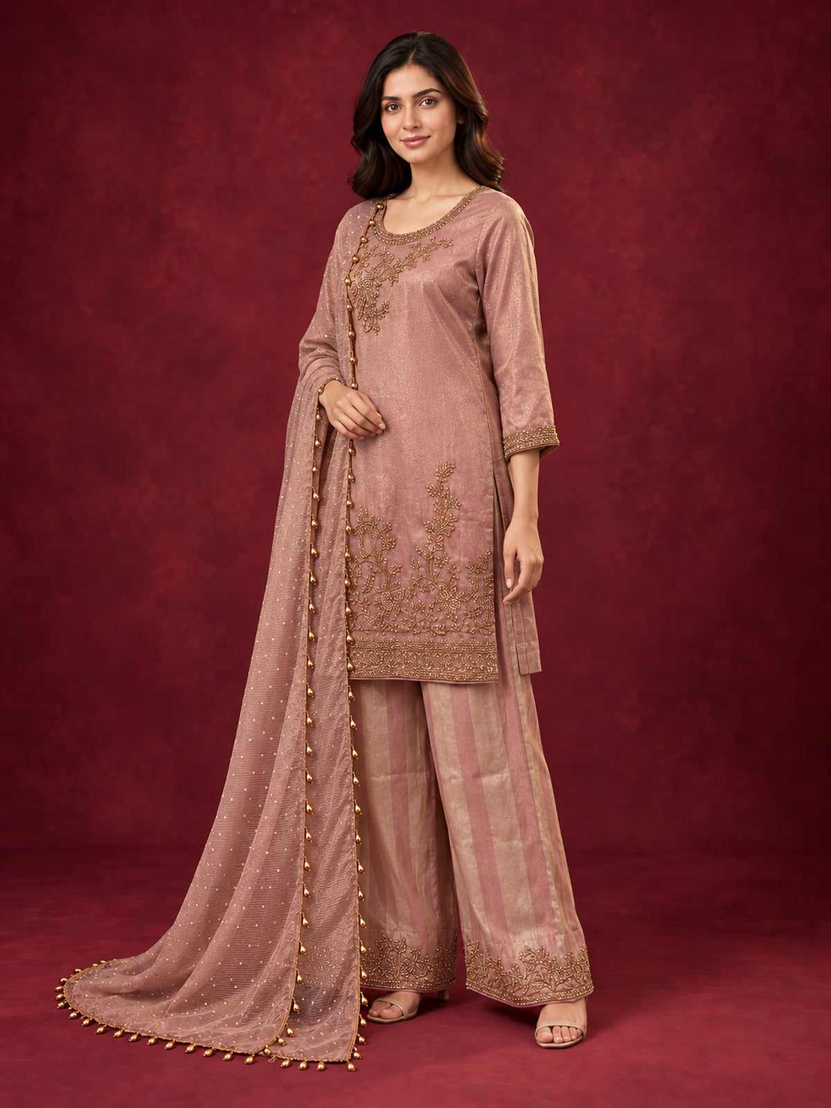 Dusty Rose Embroidered Pure Silk Palazzo Suit Set